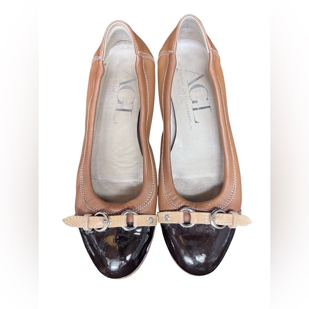 AGL Tan Brown Horse Bit Buckle Ballet Flats Leather Sole Size 37 Made in Italy